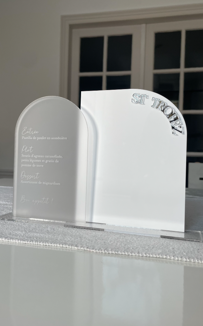 Signalétique "Prestige" doublée - Menu gravé + Nom de table en 3D